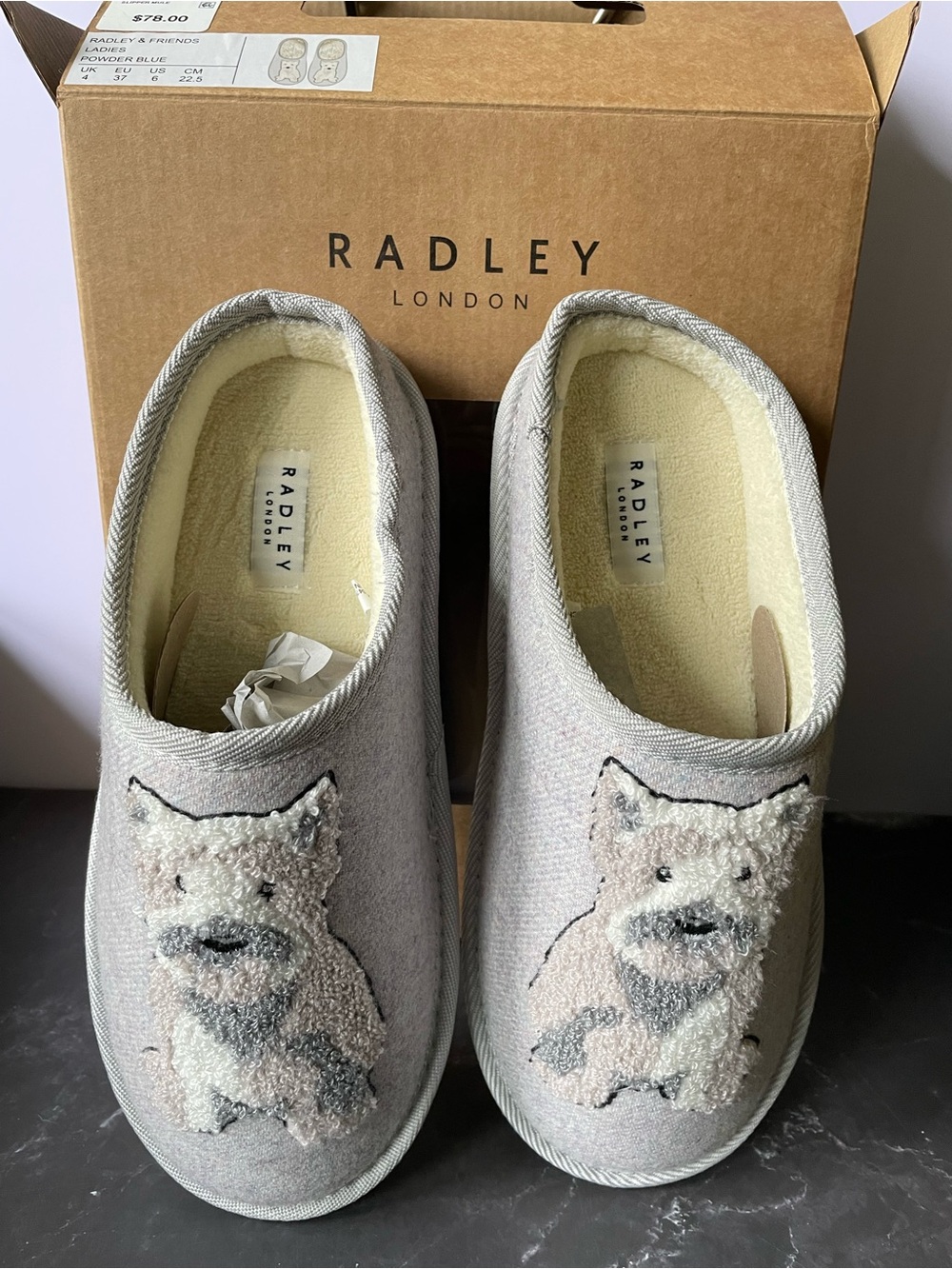 New Radley London Radley and Friends Mule Women’s Slipper Westie Dog Size 6